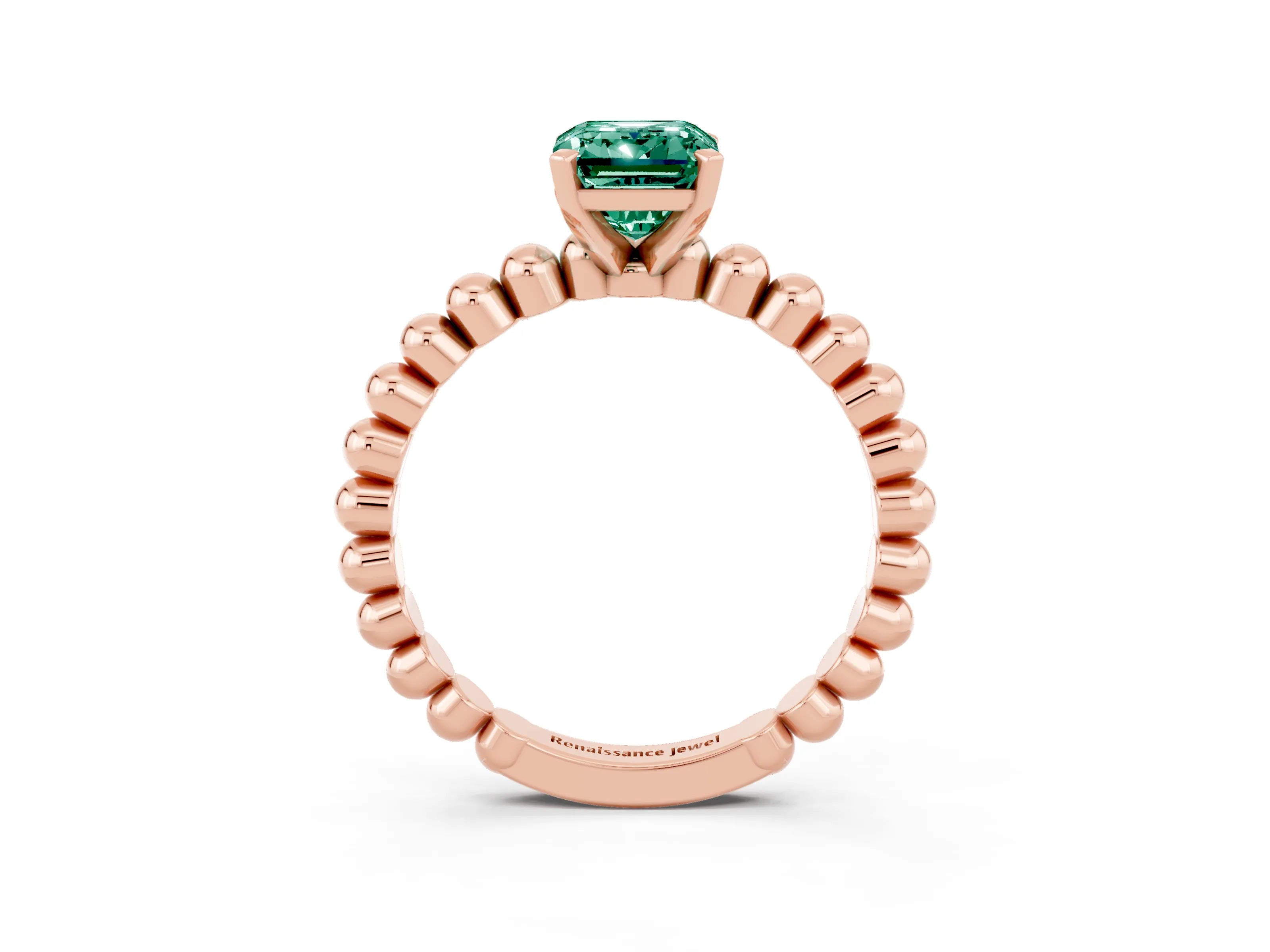 Rose gold Emerald Cut Green Sapphire Solitaire Ring with Beaded Band and Prong Setting_3