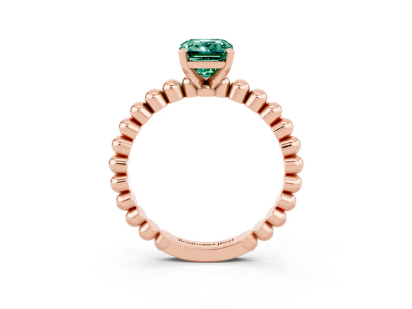 Rose gold Emerald Cut Green Sapphire Solitaire Ring with Beaded Band and Prong Setting
