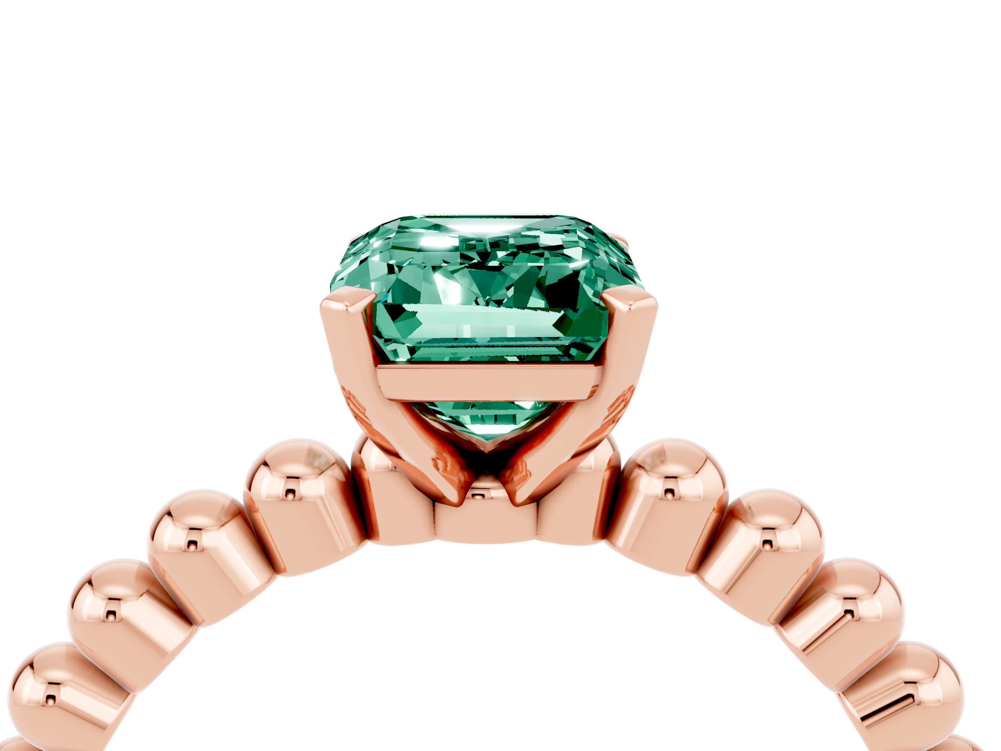 Rose gold Emerald Cut Green Sapphire Solitaire Ring with Beaded Band and Prong Setting_4