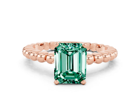 Rose gold Emerald Cut Green Sapphire Solitaire Ring with Beaded Band and Prong Setting