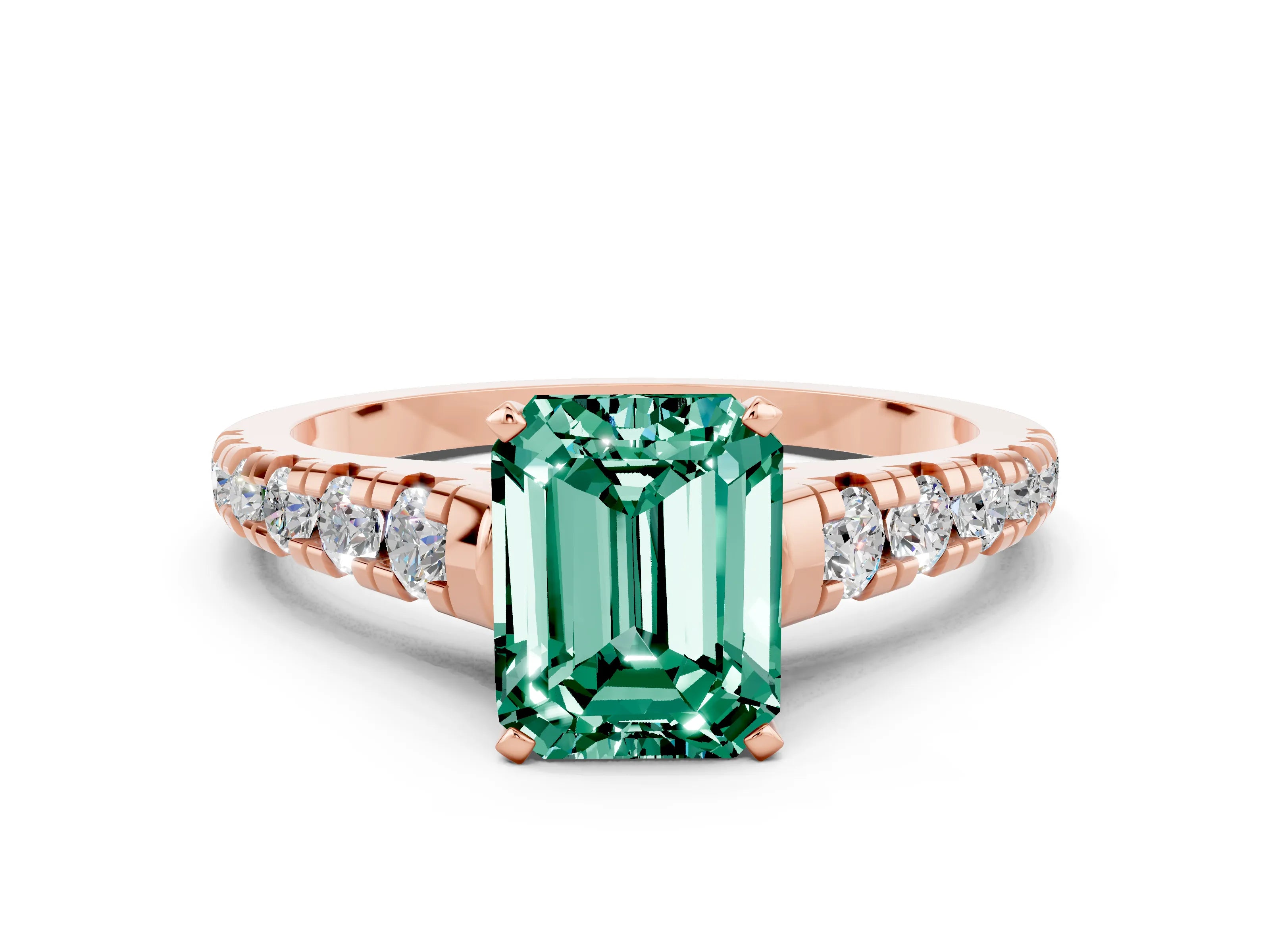 Rose gold Emerald Cut Green Sapphire Solitaire Ring with Cathedral Setting and Pavé Band