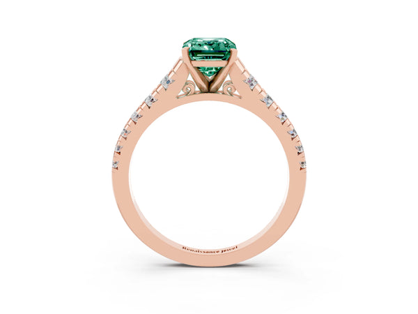 Rose gold Emerald Cut Green Sapphire Cathedral Solitaire Ring with Round  Pavé Band