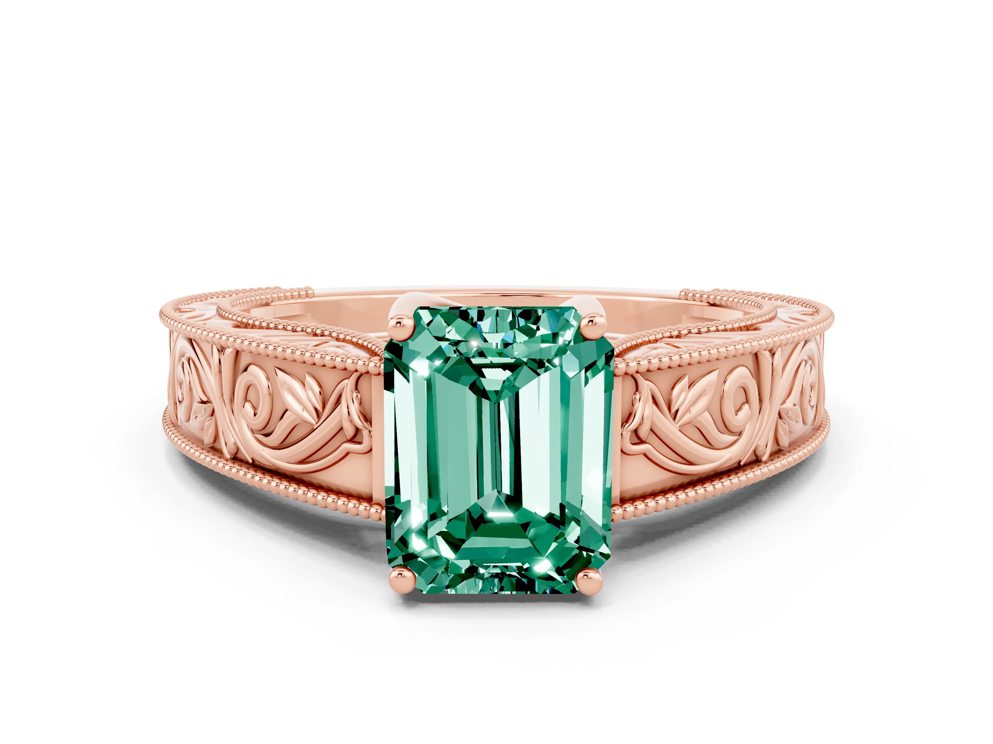 Rose gold Emerald Cut Green Sapphire Solitaire Ring with Engraved Band and Four-Prong Setting