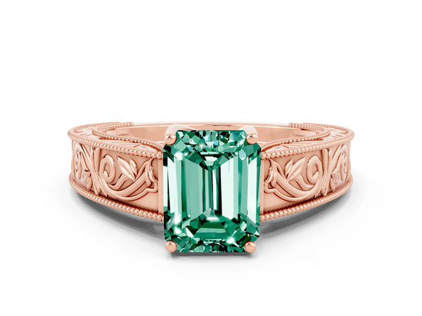 Rose gold Emerald Cut Green Sapphire Solitaire Ring with Engraved Band and Four-Prong Setting
