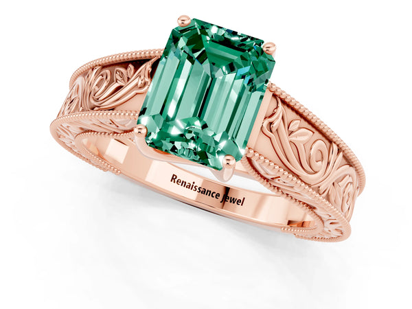 Rose gold Emerald Cut Green Sapphire Solitaire Ring with Engraved Band and Four-Prong Setting