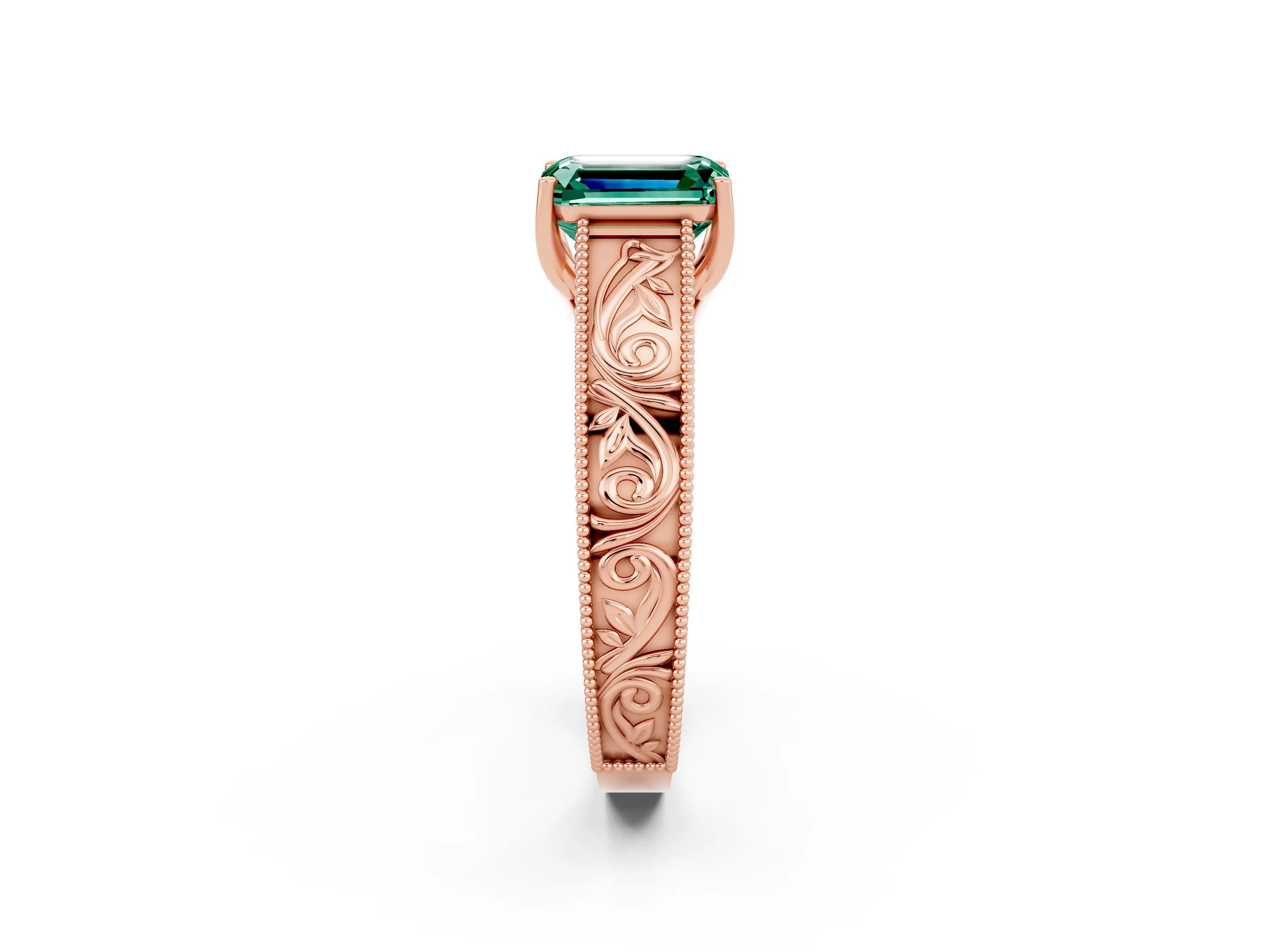 Rose gold Emerald Cut Green Sapphire Solitaire Ring with Engraved Band and Four-Prong Setting_2