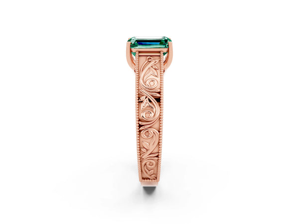 Rose gold Emerald Cut Green Sapphire Solitaire Ring with Engraved Band and Four-Prong Setting