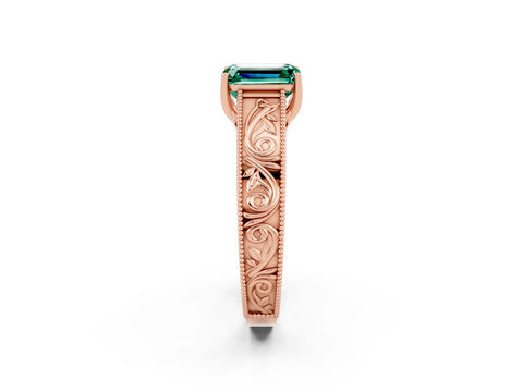 Rose gold Emerald Cut Green Sapphire Solitaire Ring with Engraved Band and Four-Prong Setting_2