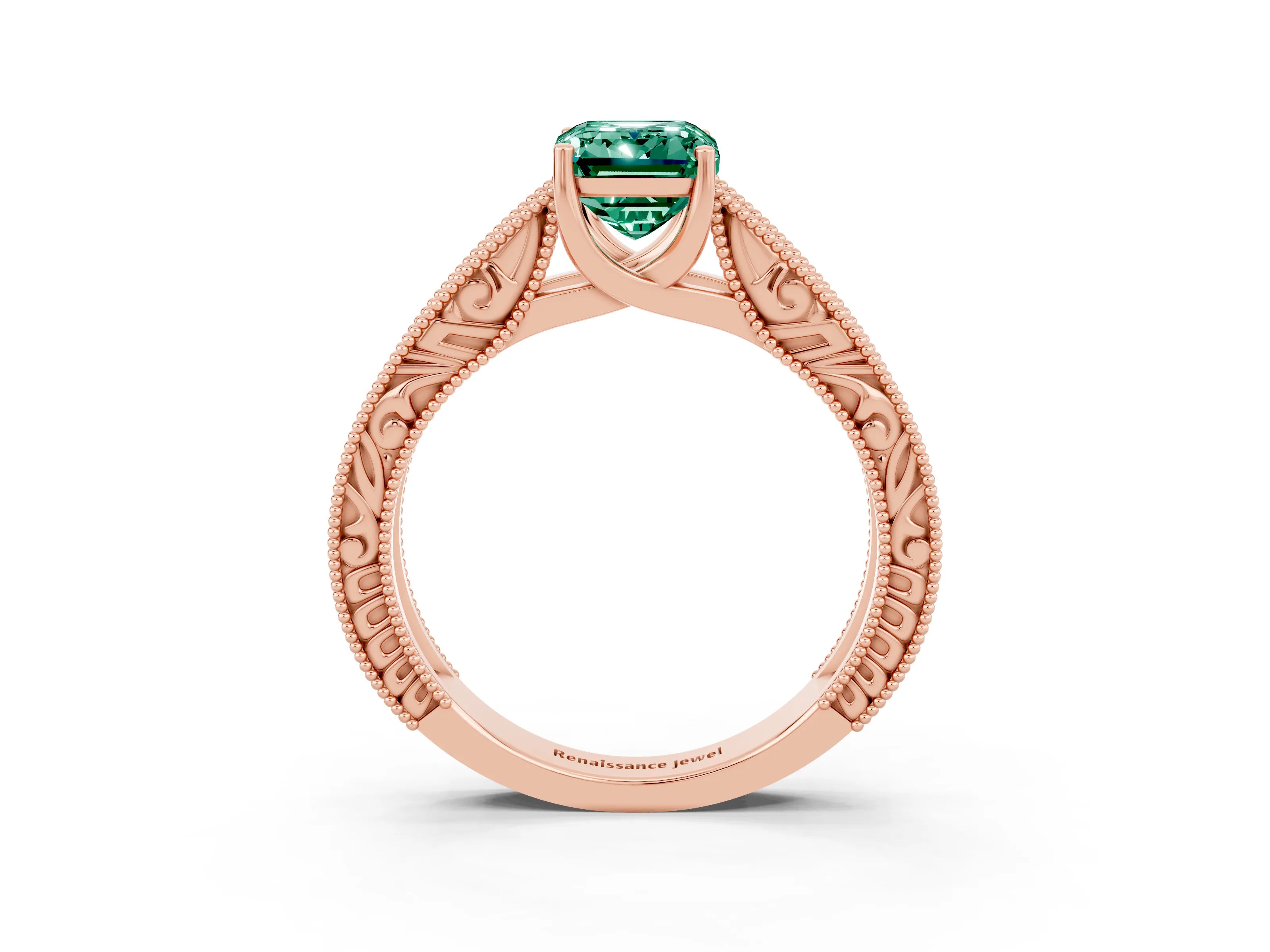 Rose gold Emerald Cut Green Sapphire Solitaire Ring with Engraved Band and Four-Prong Setting_3
