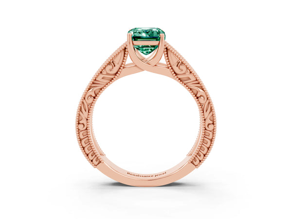 Rose gold Emerald Cut Green Sapphire Solitaire Ring with Engraved Band and Four-Prong Setting