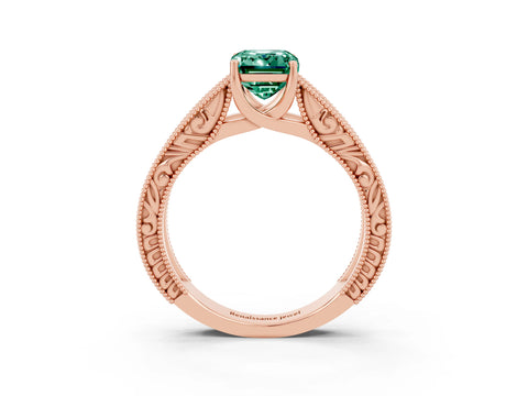 Rose gold Emerald Cut Green Sapphire Solitaire Ring with Engraved Band and Four-Prong Setting_3