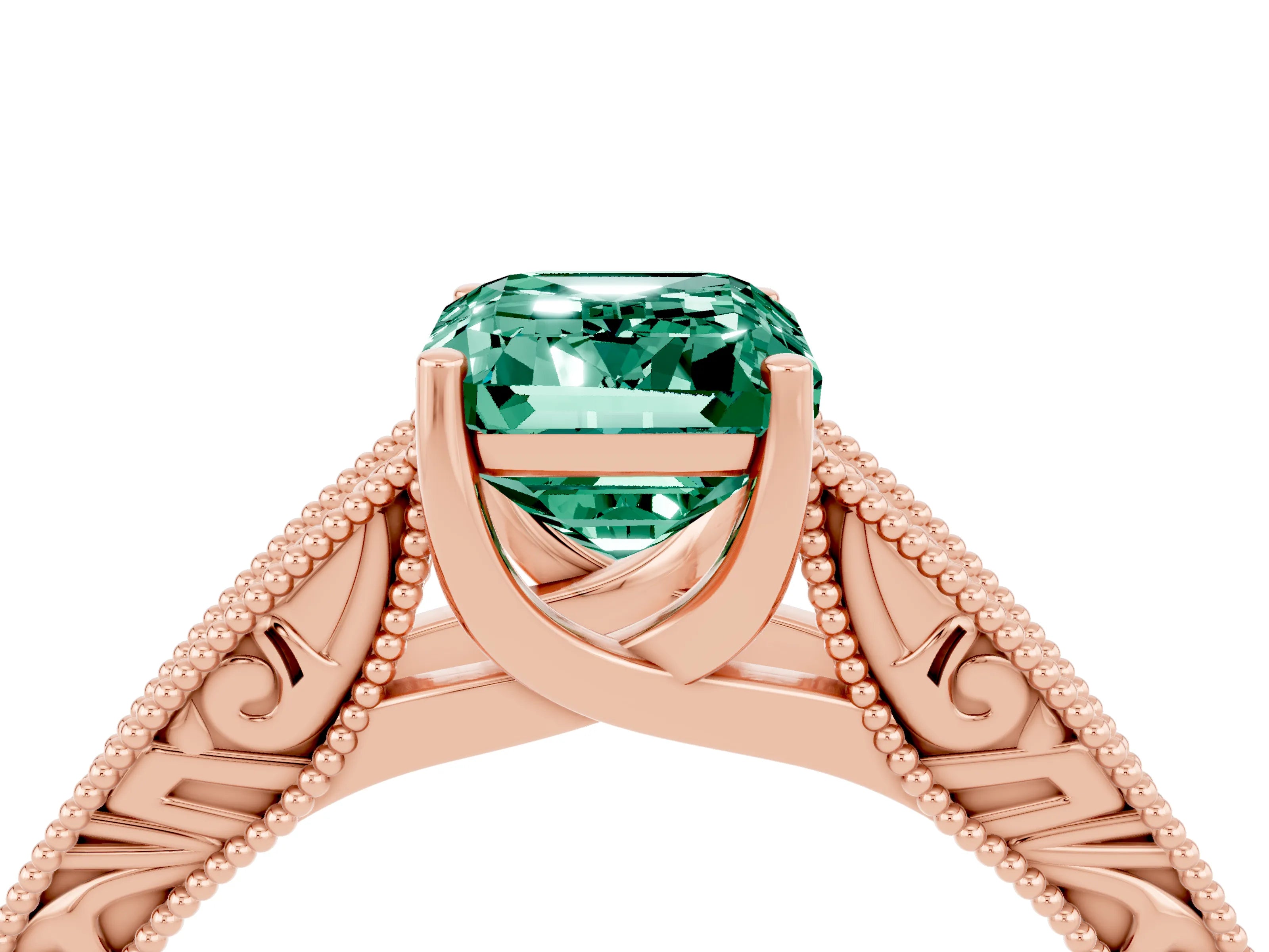 Rose gold Emerald Cut Green Sapphire Solitaire Ring with Engraved Band and Four-Prong Setting_4