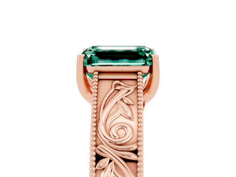 Rose gold Emerald Cut Green Sapphire Solitaire Ring with Engraved Band and Four-Prong Setting_5