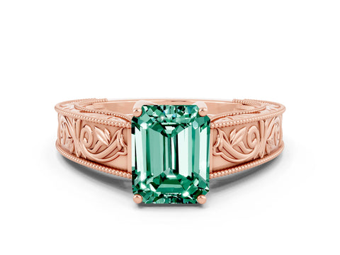 Rose gold Emerald Cut Green Sapphire Solitaire Ring with Engraved Band and Four-Prong Setting