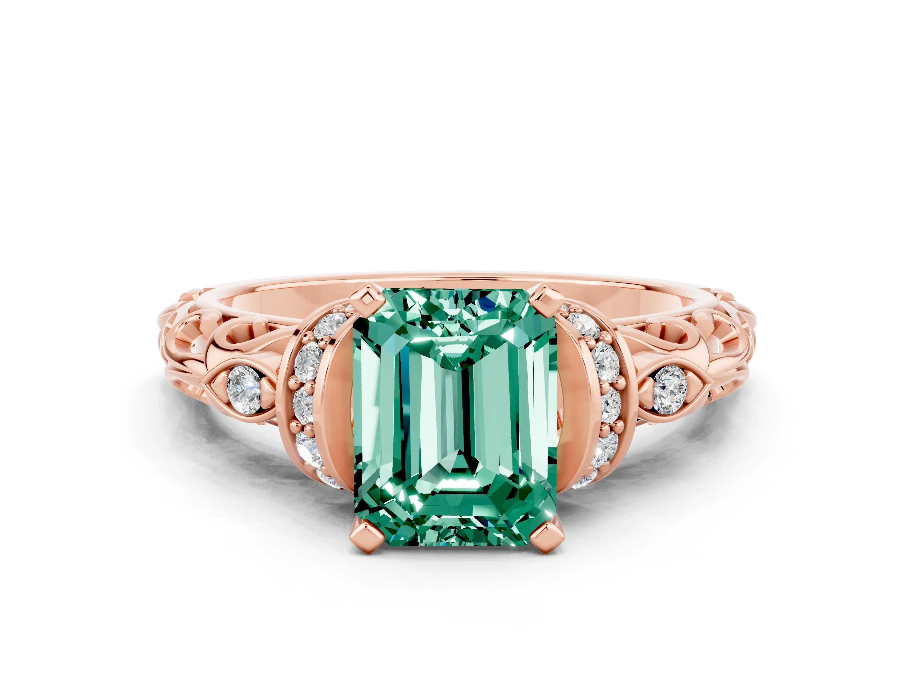 Rose gold Emerald Cut Green Sapphire Solitaire Ring with Filigree Band and Four-Prong Setting_24