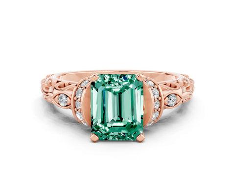 Rose gold Emerald Cut Green Sapphire Solitaire Ring with Filigree Band and Four-Prong Setting_24