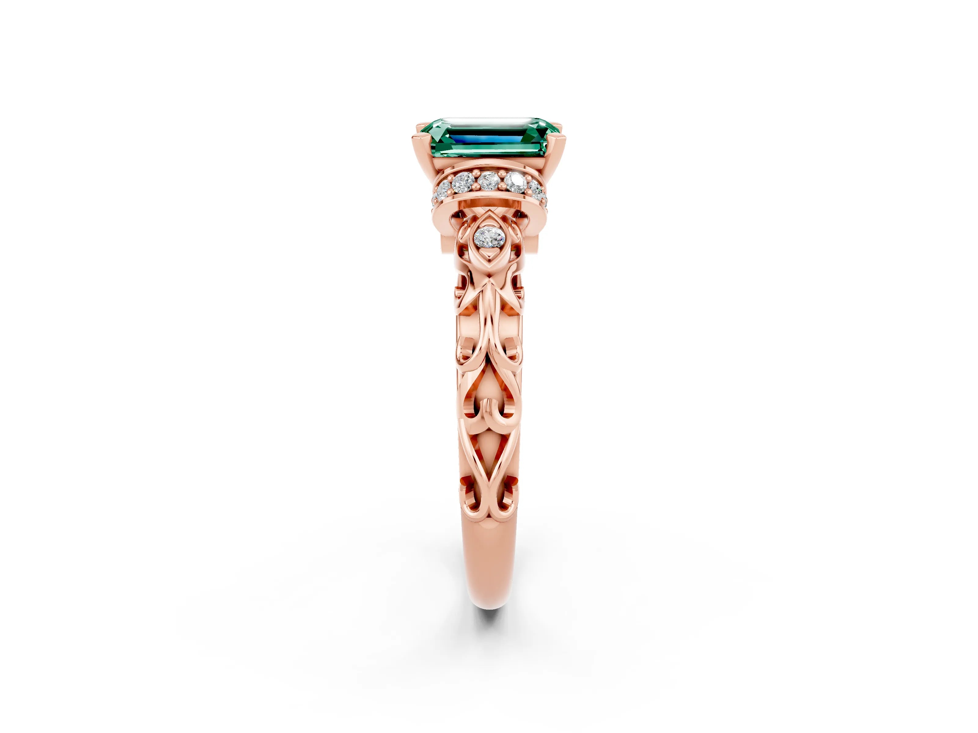 Rose gold Emerald Cut Green Sapphire Solitaire Ring with Filigree Band and Four-Prong Setting_26