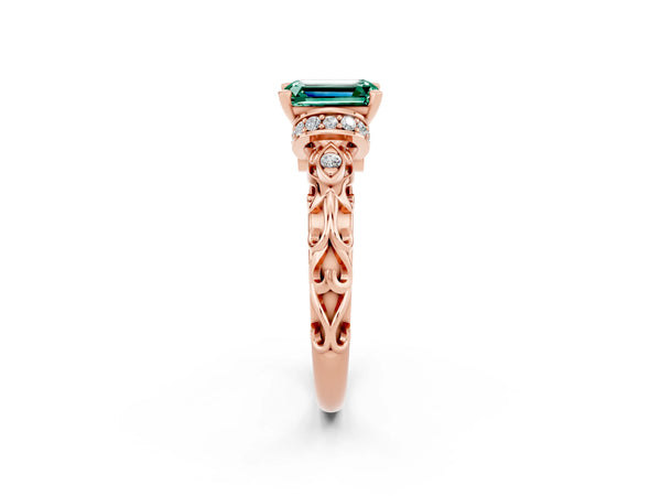 Rose gold Emerald Cut Green Sapphire Solitaire Ring with Filigree Band and Four-Prong Setting