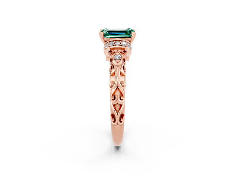 Rose gold Emerald Cut Green Sapphire Solitaire Ring with Filigree Band and Four-Prong Setting_26