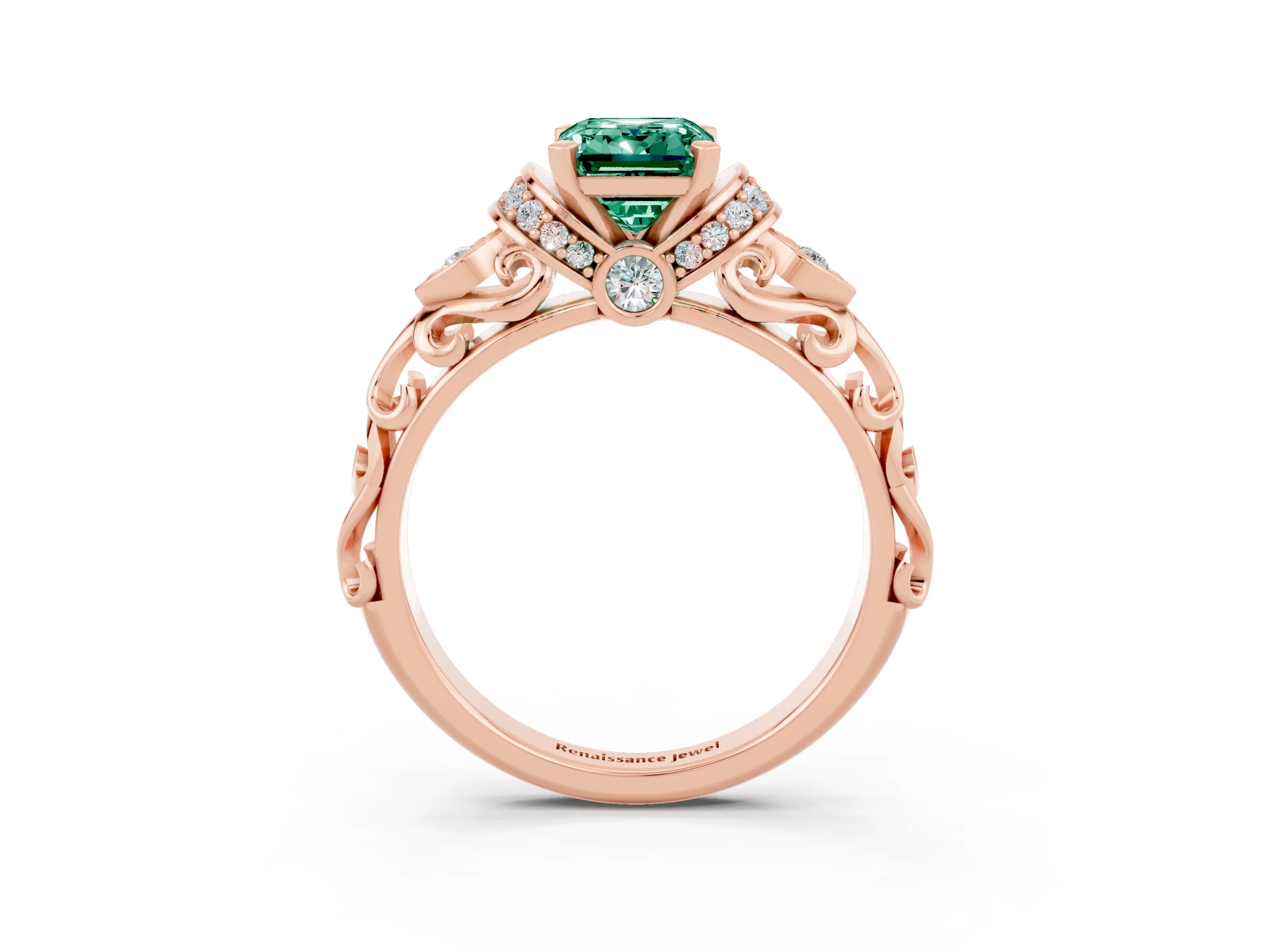 Rose gold Emerald Cut Green Sapphire Solitaire Ring with Filigree Band and Four-Prong Setting_27