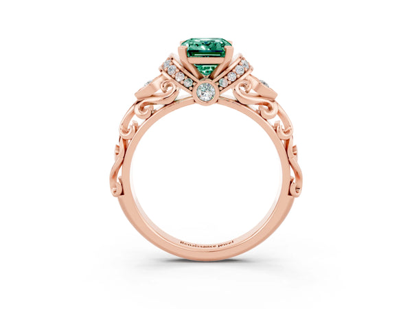 Rose gold Emerald Cut Green Sapphire Solitaire Ring with Filigree Band and Four-Prong Setting