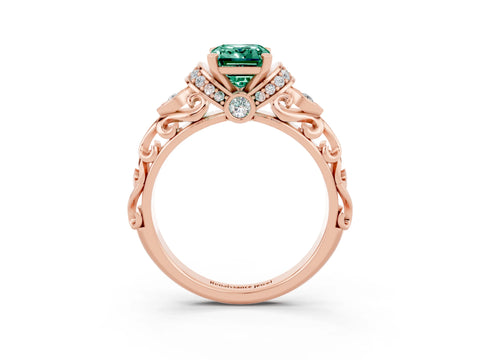 Rose gold Emerald Cut Green Sapphire Solitaire Ring with Filigree Band and Four-Prong Setting_27