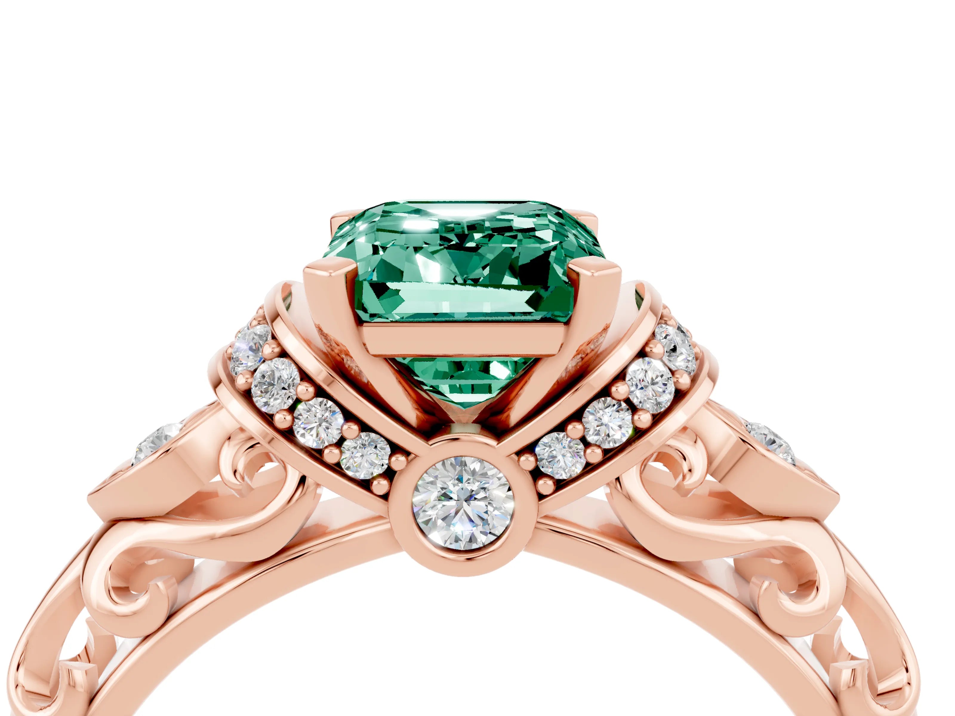 Rose gold Emerald Cut Green Sapphire Solitaire Ring with Filigree Band and Four-Prong Setting_28