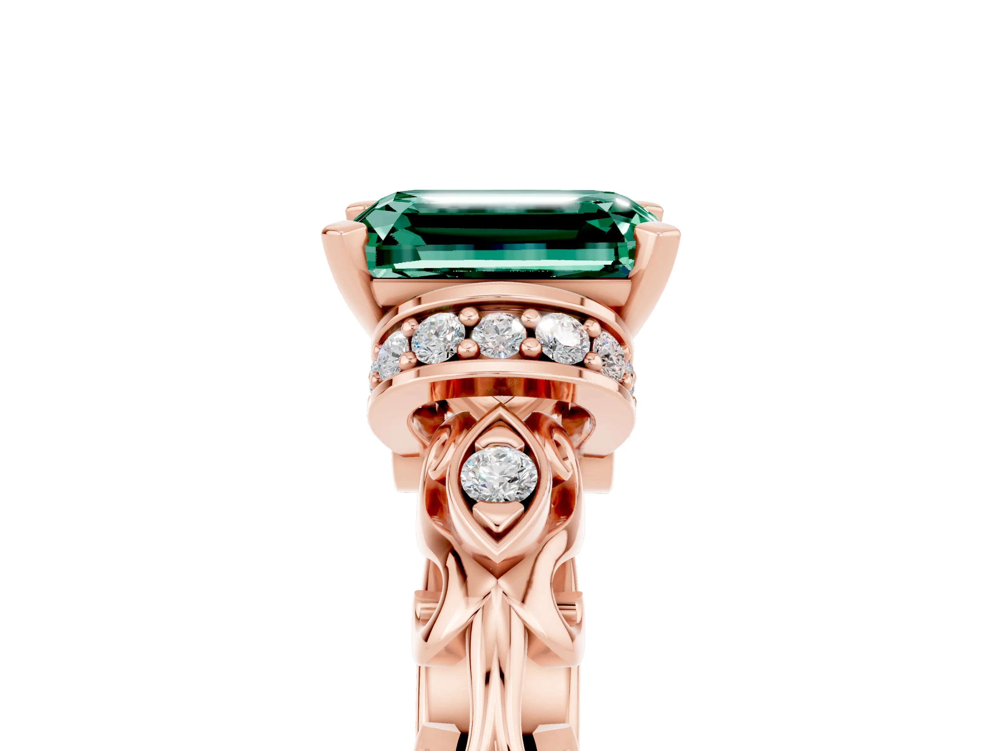 Rose gold Emerald Cut Green Sapphire Solitaire Ring with Filigree Band and Four-Prong Setting_29