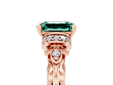 Rose gold Emerald Cut Green Sapphire Solitaire Ring with Filigree Band and Four-Prong Setting_29