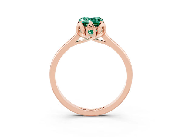 Rose gold Emerald Cut Green Sapphire Solitaire Ring with Flower Prong Setting and Classic Band