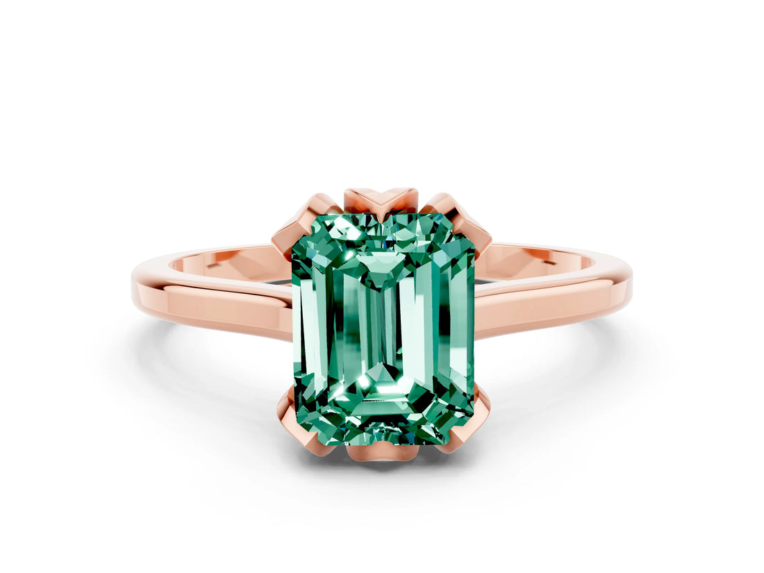 Rose gold Emerald Cut Green Sapphire Solitaire Ring with Flower Prong Setting and Classic Band_36