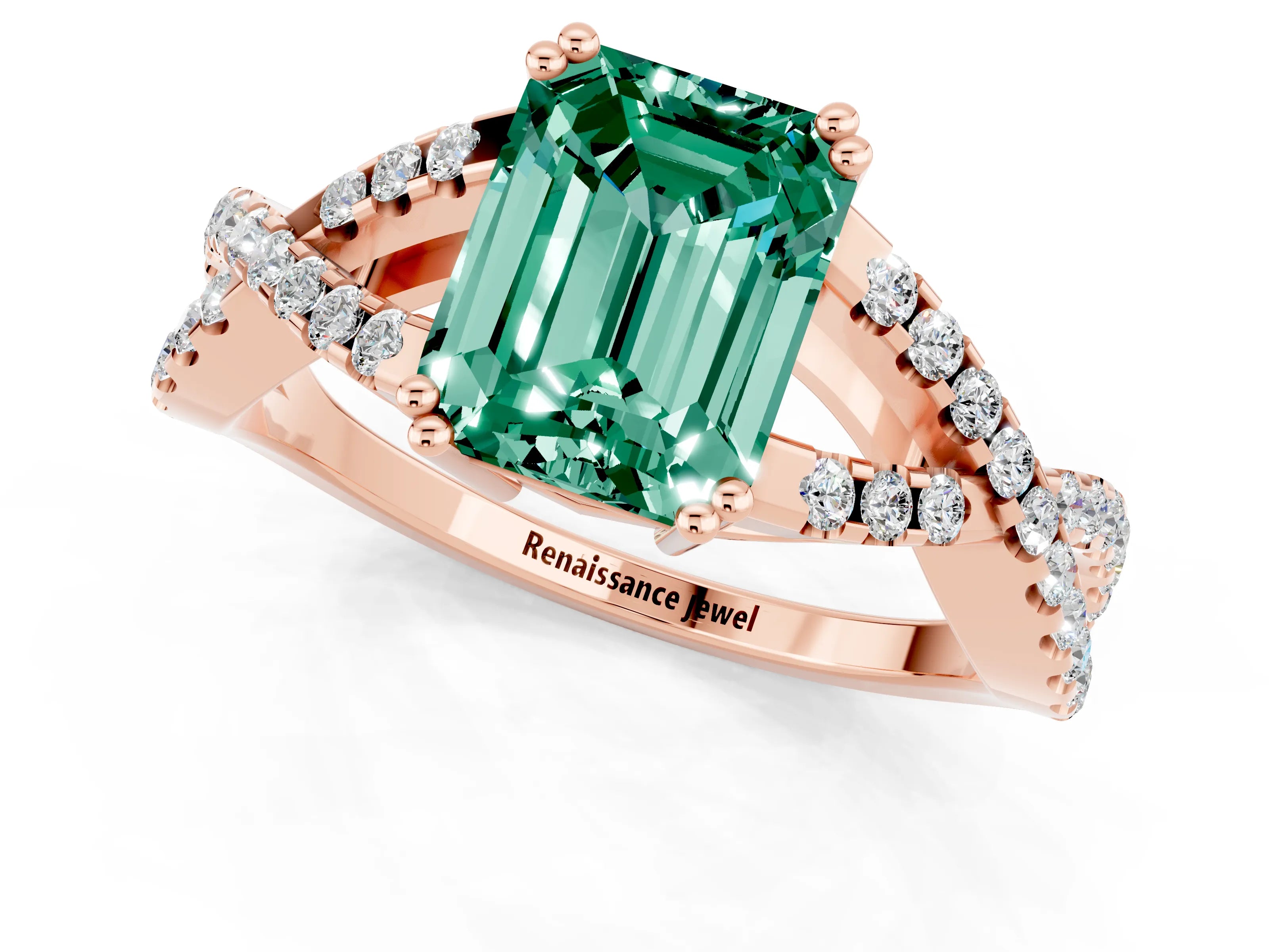 Rose gold Emerald Cut Green Sapphire Solitaire Ring with Four-Prong Setting and Twisted Pavé Band_1