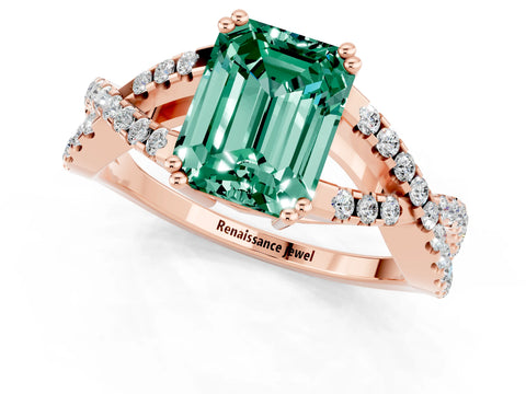 Rose gold Emerald Cut Green Sapphire Solitaire Ring with Four-Prong Setting and Twisted Pavé Band_1