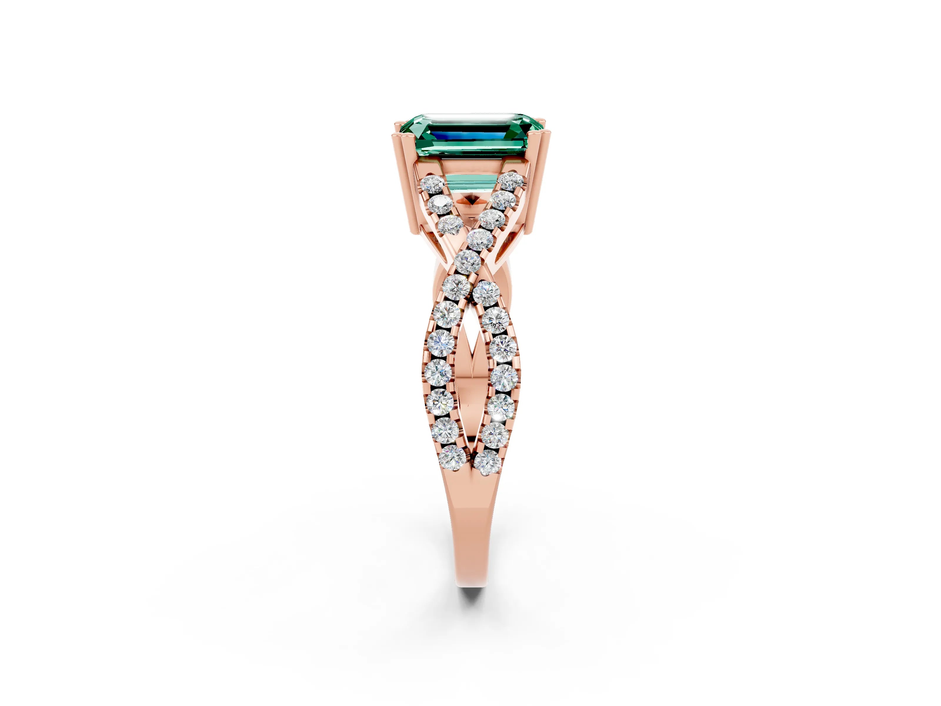 Rose gold Emerald Cut Green Sapphire Solitaire Ring with Four-Prong Setting and Twisted Pavé Band_2