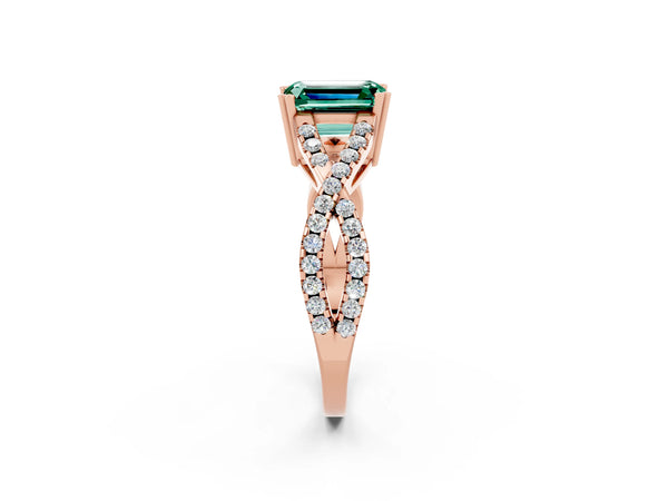 Rose gold Emerald Cut Green Sapphire Solitaire Ring with Four-Prong Setting and Twisted Pavé Band