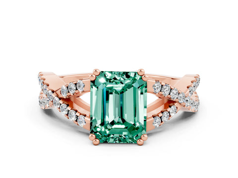 Rose gold Emerald Cut Green Sapphire Solitaire Ring with Four-Prong Setting and Twisted Pavé Band