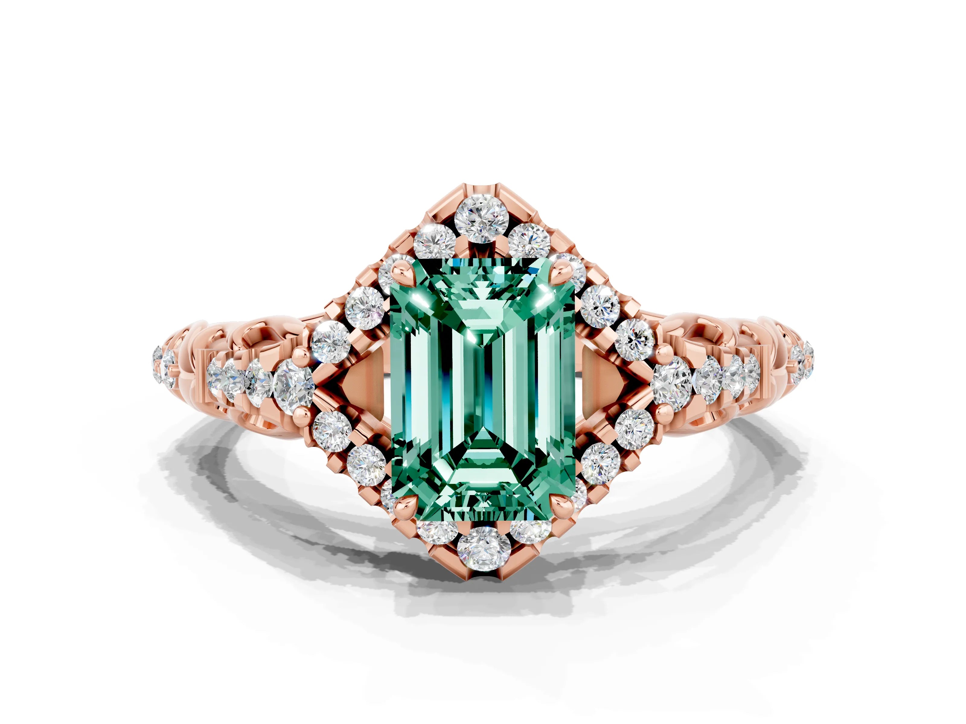 Rose gold Emerald Cut Green Sapphire Solitaire Ring with Hidden Halo and Pavé Band_12