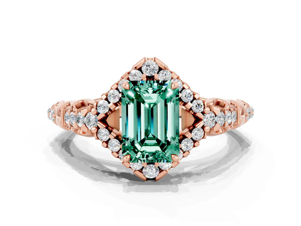 Rose gold Emerald Cut Green Sapphire Solitaire Ring with Hidden Halo and Pavé Band