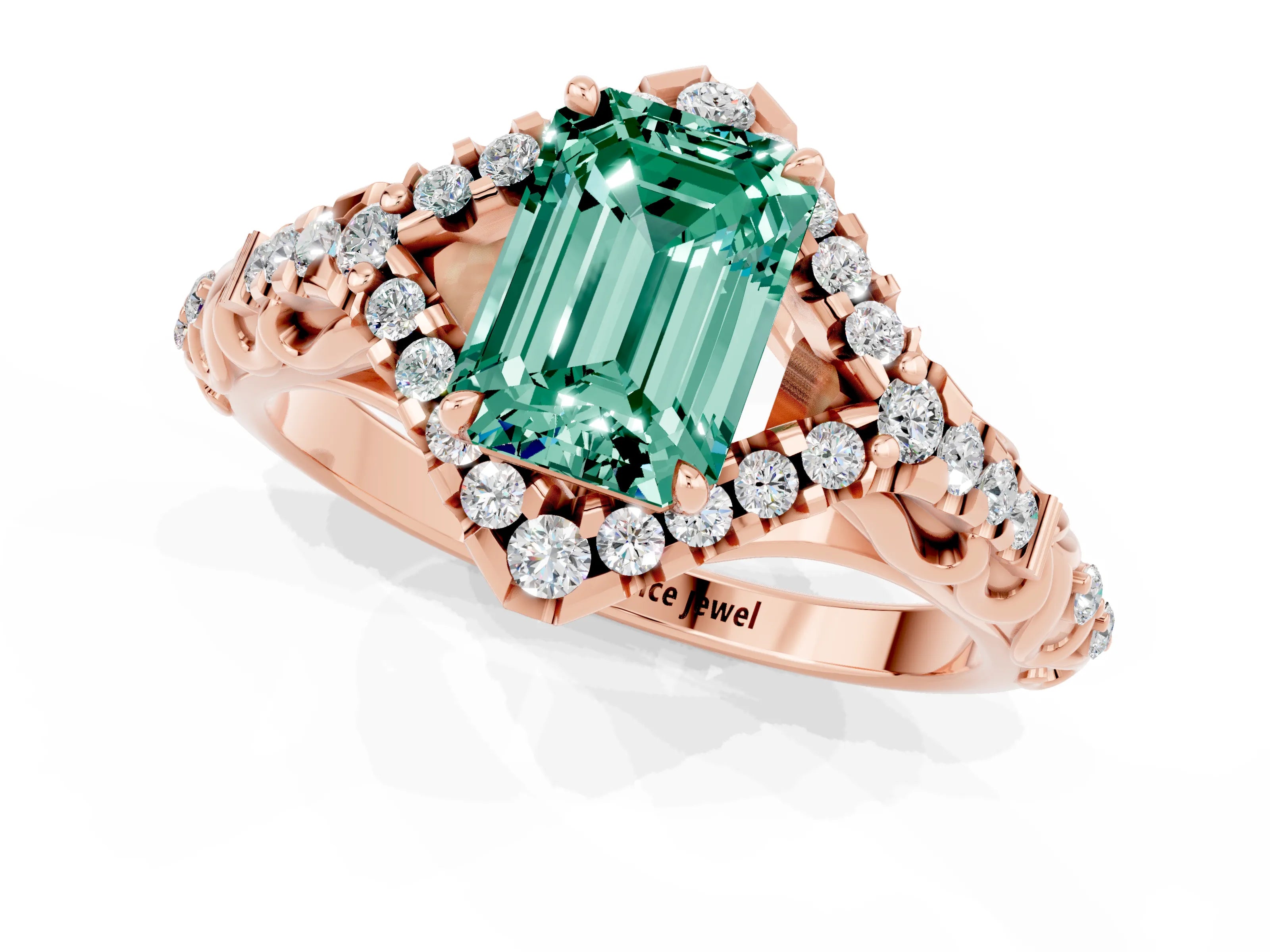 Rose gold Emerald Cut Green Sapphire Solitaire Ring with Hidden Halo and Pavé Band_13