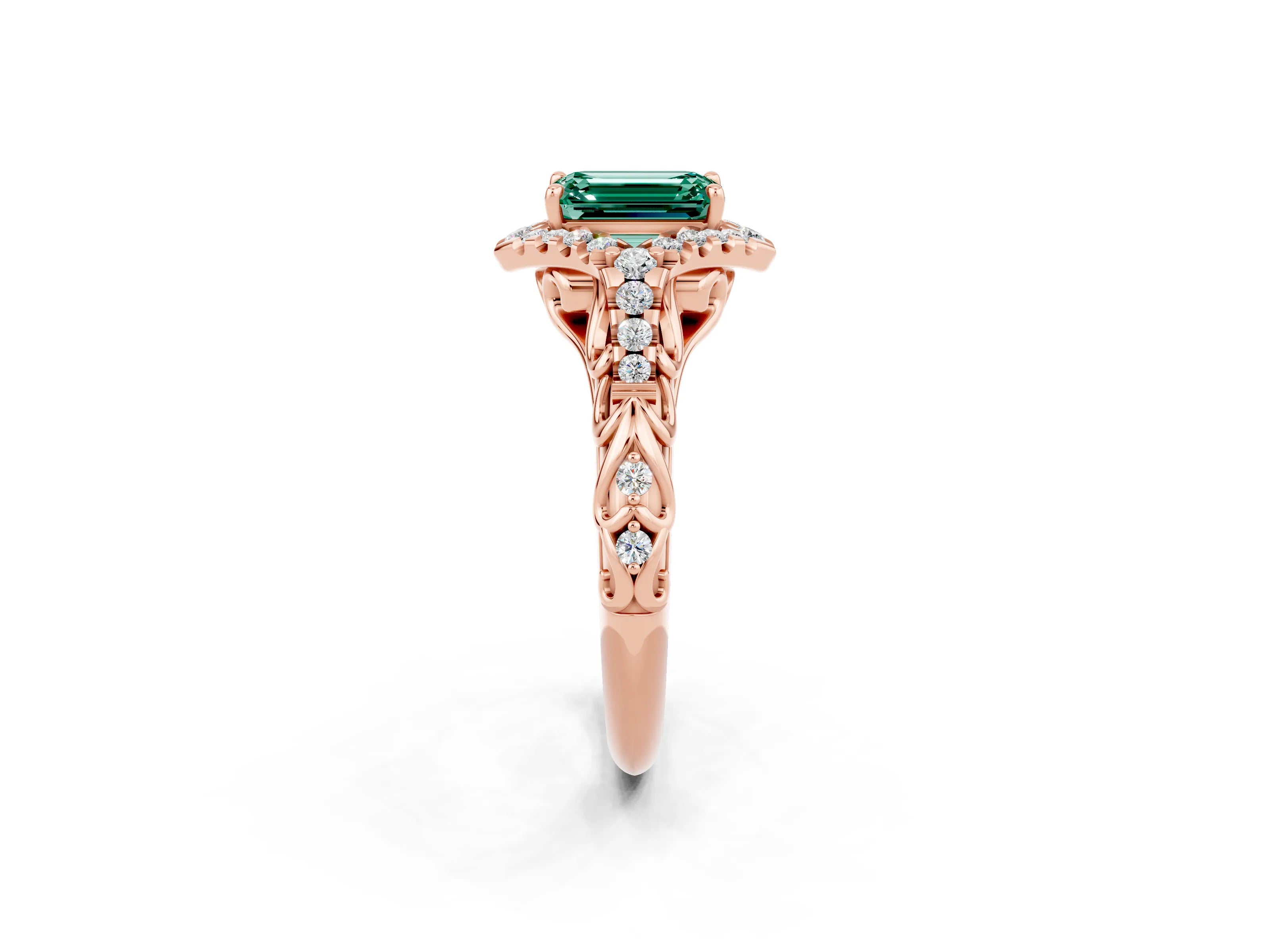 Rose gold Emerald Cut Green Sapphire Solitaire Ring with Hidden Halo and Pavé Band_14