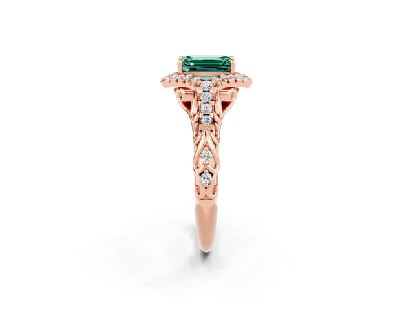 Rose gold Emerald Cut Green Sapphire Solitaire Ring with Hidden Halo and Pavé Band