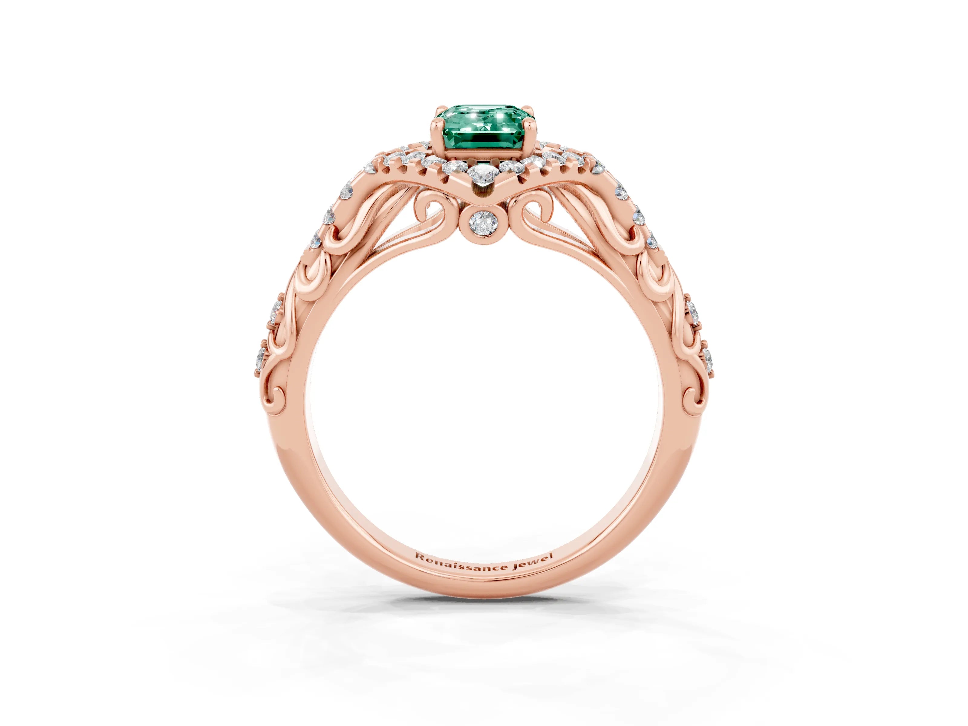 Rose gold Emerald Cut Green Sapphire Solitaire Ring with Hidden Halo and Pavé Band_15