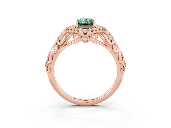Rose gold Emerald Cut Green Sapphire Solitaire Ring with Hidden Halo and Pavé Band