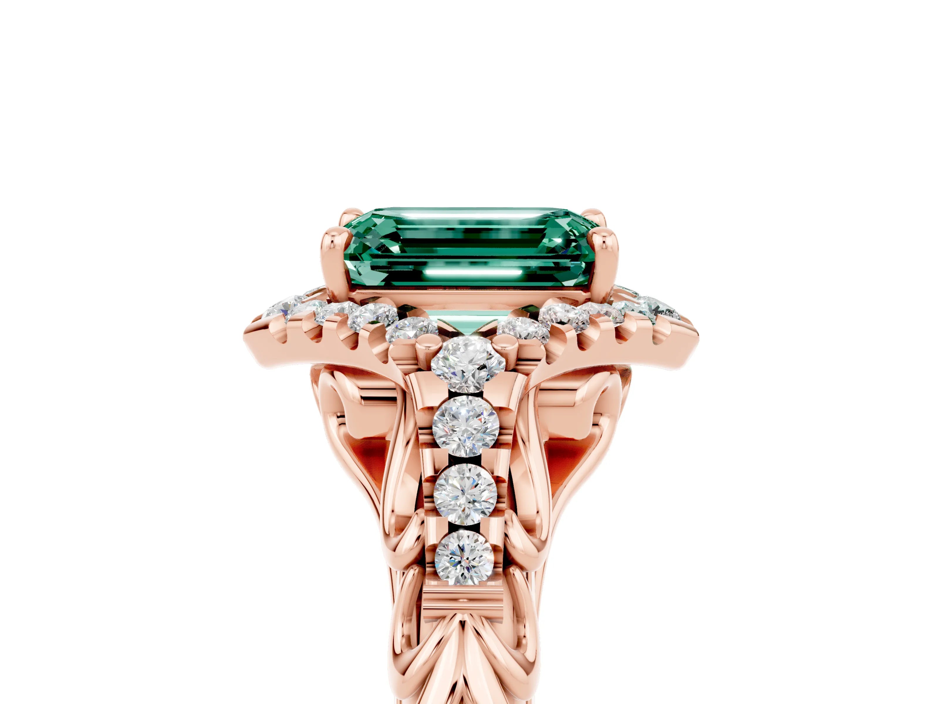 Rose gold Emerald Cut Green Sapphire Solitaire Ring with Hidden Halo and Pavé Band_17