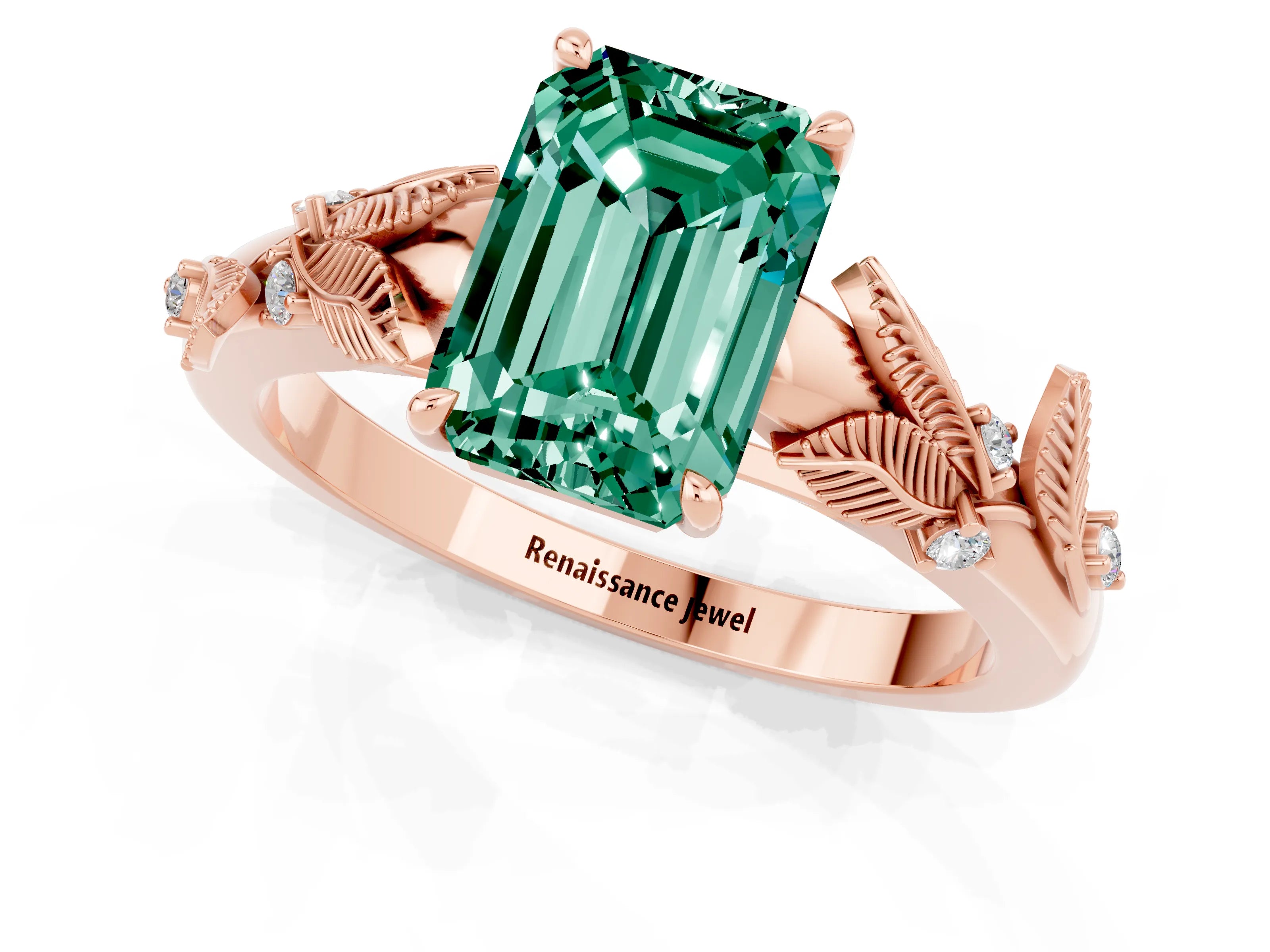 Rose gold Emerald Cut Green Sapphire Solitaire Ring with Leaf Motif Band and Four-Prong Setting_1