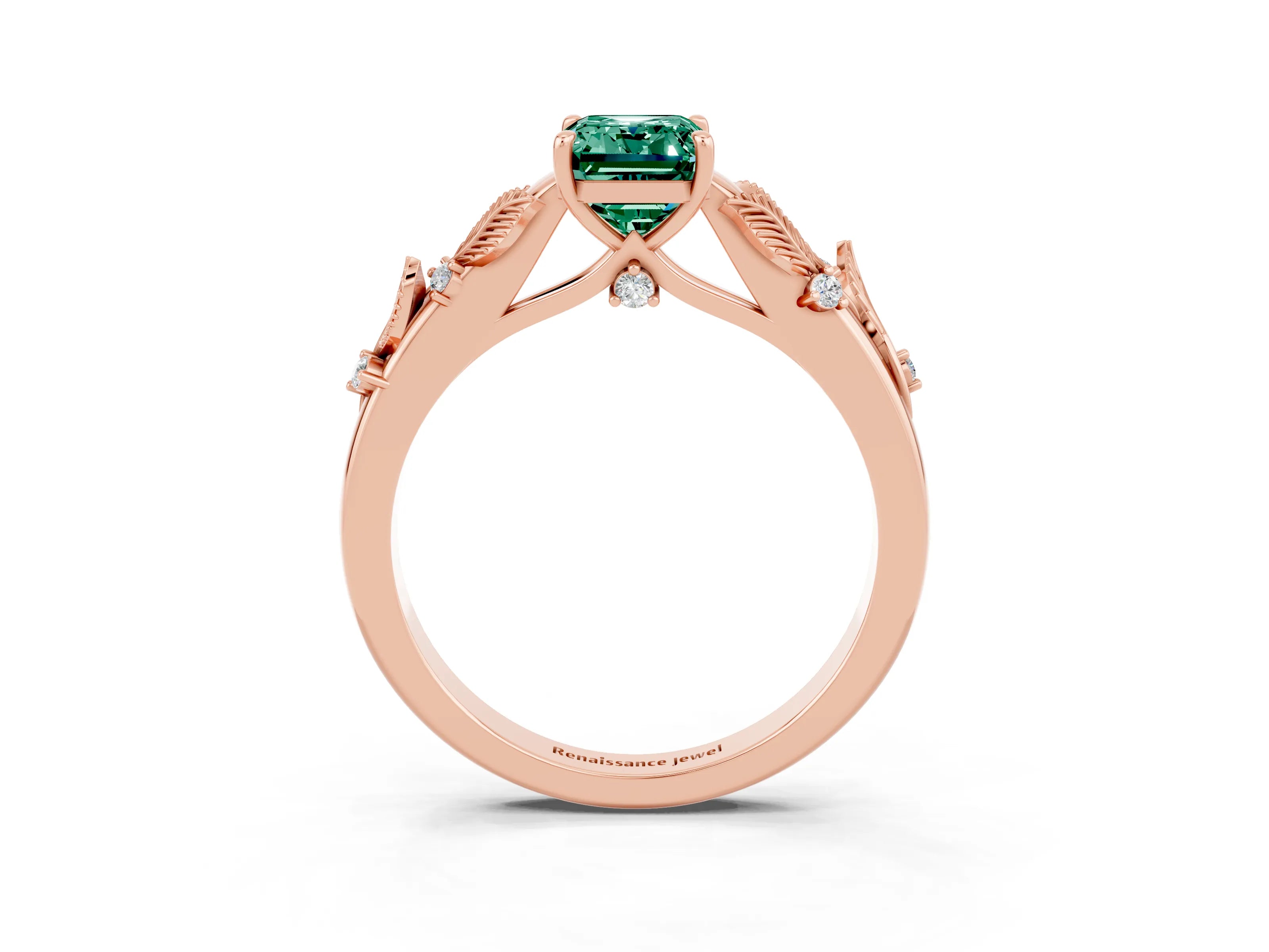 Rose gold Emerald Cut Green Sapphire Solitaire Ring with Leaf Motif Band and Four-Prong Setting_3