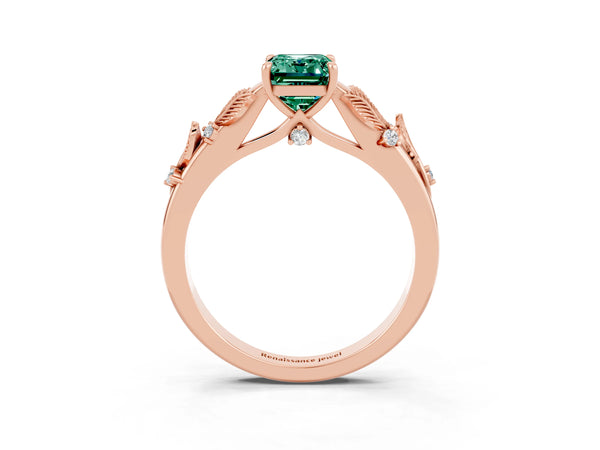Rose gold Emerald Cut Green Sapphire Solitaire Ring with Leaf Motif Band and Four-Prong Setting