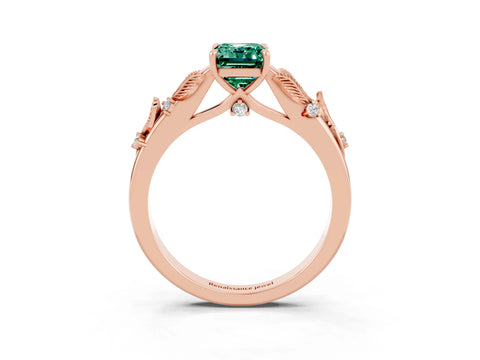 Rose gold Emerald Cut Green Sapphire Solitaire Ring with Leaf Motif Band and Four-Prong Setting_3