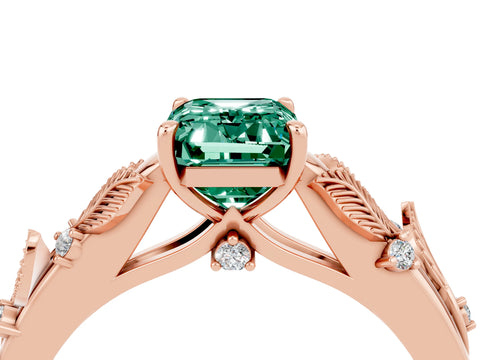 Rose gold Emerald Cut Green Sapphire Solitaire Ring with Leaf Motif Band and Four-Prong Setting_4