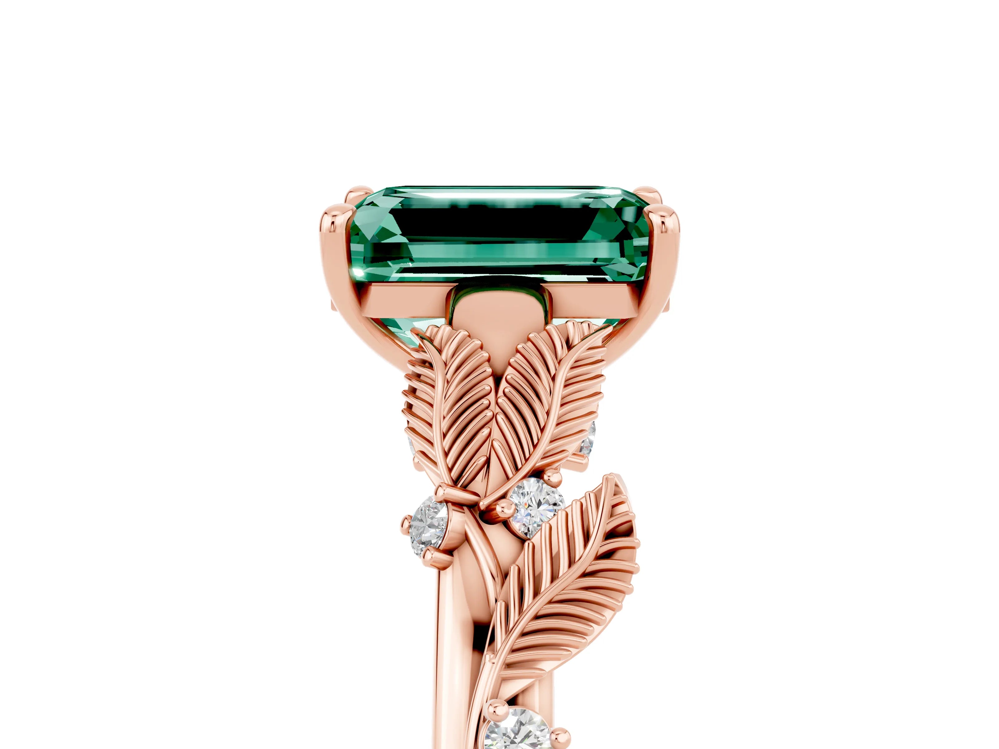 Rose gold Emerald Cut Green Sapphire Solitaire Ring with Leaf Motif Band and Four-Prong Setting_5